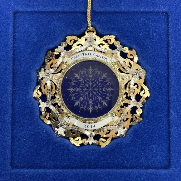 Texas State Capitol Ornament 2014 Blue Oculus Gold-Plated Filigree Original Box - Picture 2 of 4